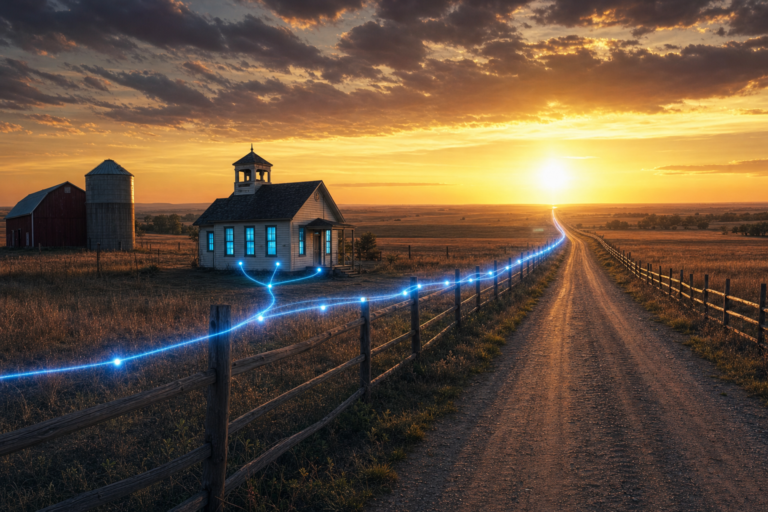 AI in rural schools: a single line of glowing AI light runs along a fence across the prairie to a one-room rural schoolhouse at sunset
