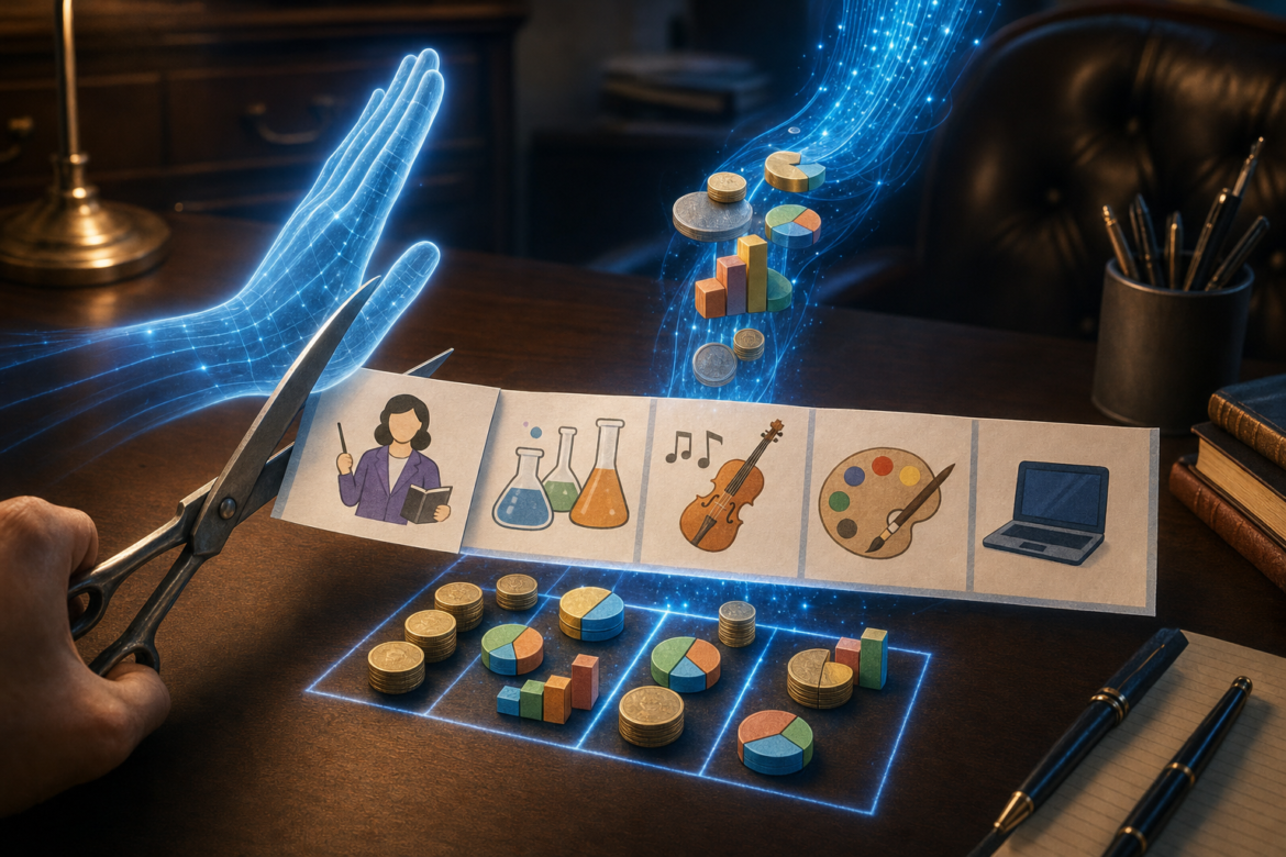 AI and school budgets: an AI hand stops scissors from cutting a budget strip of teachers, labs, music and art while AI light rearranges the money into a smarter plan