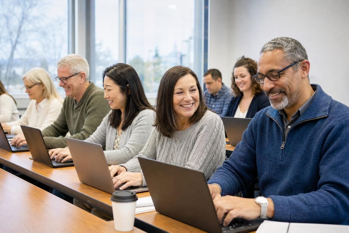 Smiling adults of mixed ages working on laptops at a long table in a bright training room