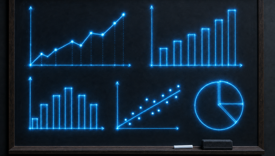 AI and student learning measured analytics charts drawn in glowing blue light on a classroom blackboard