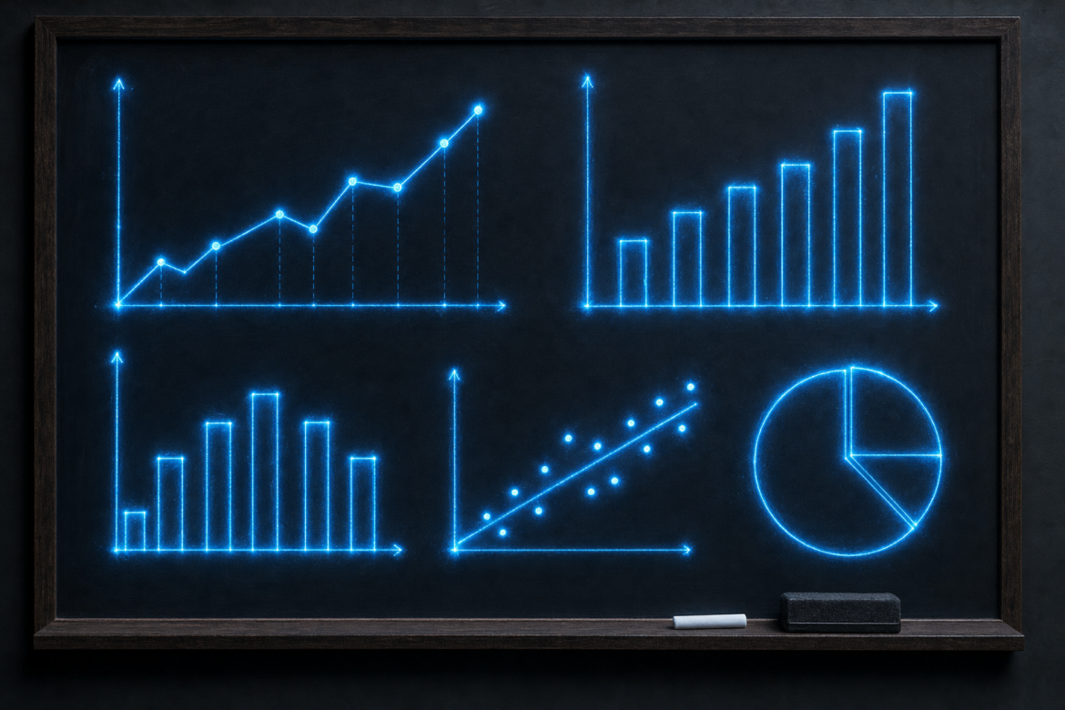 AI and student learning measured: analytics charts drawn in glowing blue light on a classroom blackboard