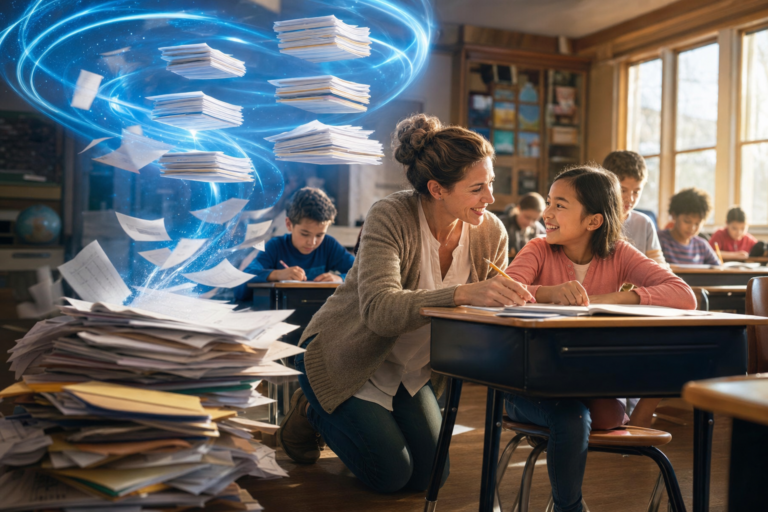 AI in education supports teachers: a teacher kneels to help a smiling student while a swirl of AI light lifts her pile of paperwork into neat stacks