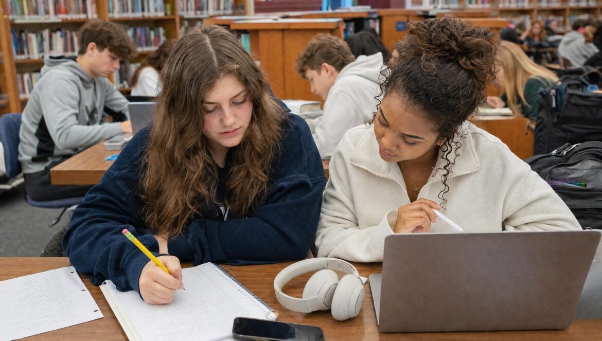 Teenage girls studying at a table with notebooks and headphones in a busy school library students in the background