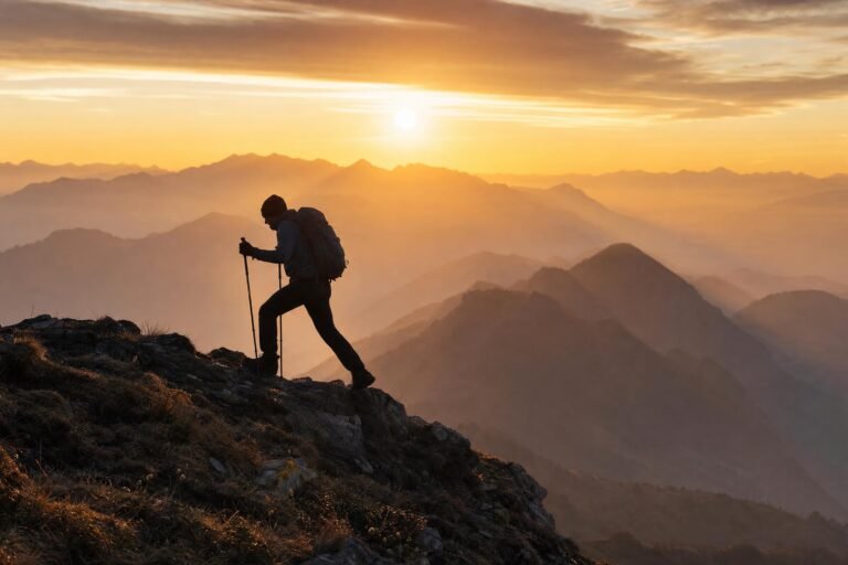 The silhouette of a hiker with a backpack and walking poles climbing a mountain ridge at sunrise, layered hazy mountains behind