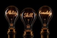 Three glowing vintage light bulbs whose filaments are shaped into the words Ability Skill and Knowledge black background