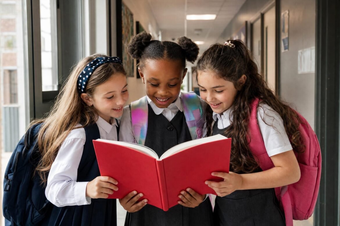 Three schoolgirls with backpacks reading an open red book together in a bright school hallway