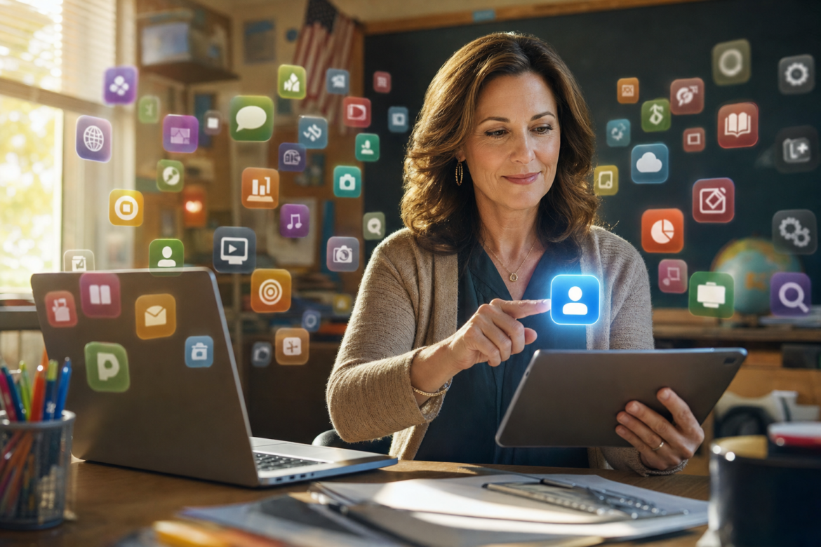 Top AI tools for back to school 2026: a teacher taps one glowing app on her iPad while dozens of AI app icons float around her classroom desk