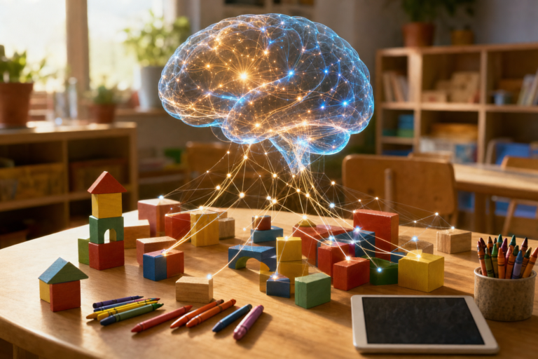 AI tools for elementary students: a glowing digital brain linked by light threads to building blocks, crayons and a tablet on an elementary classroom table