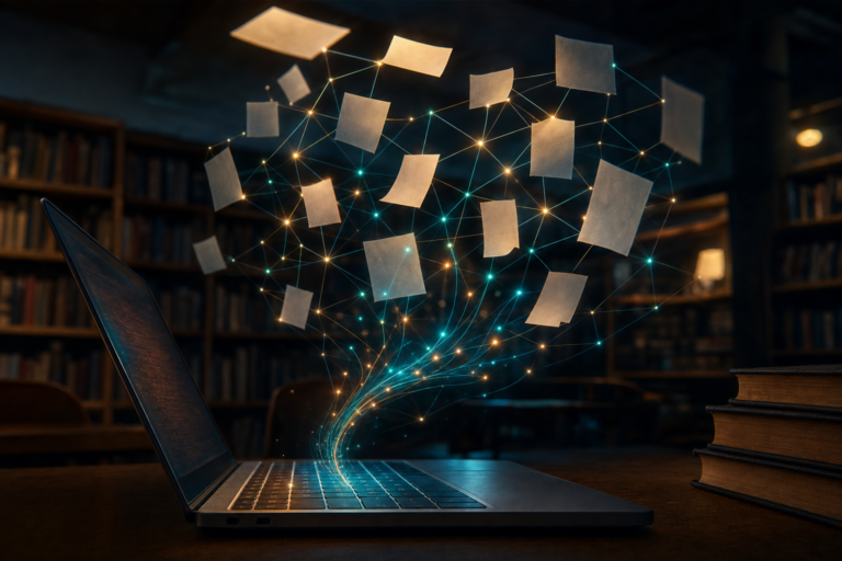 AI tools for high school students: threads of light rise from a laptop keyboard into a web of research papers joined by glowing citation lines in a dark library