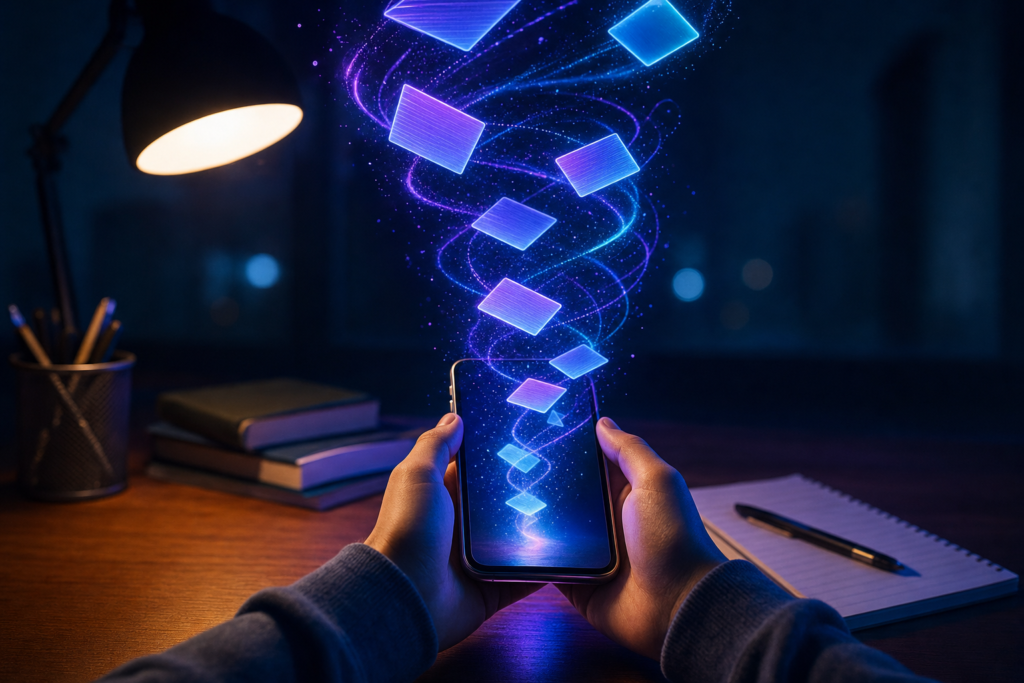 The Best AI Tools for Middle School Classrooms in 2025 | edCircuit AI tools for middle school students glowing study flashcards spiral up from a smartphone held at a desk at night