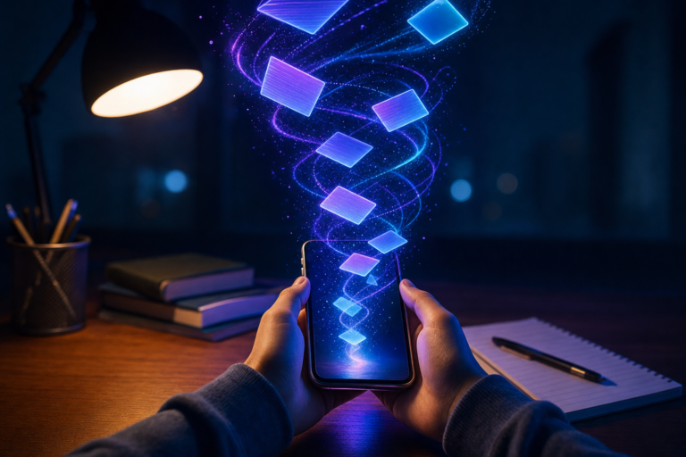 AI tools for middle school students: glowing study flashcards spiral up from a smartphone held at a desk at night