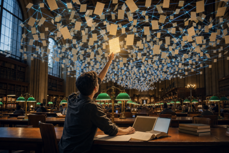 AI tools for student research in higher education: in a grand university library a student pulls one glowing paper from a vast web of research papers linked by citation lines