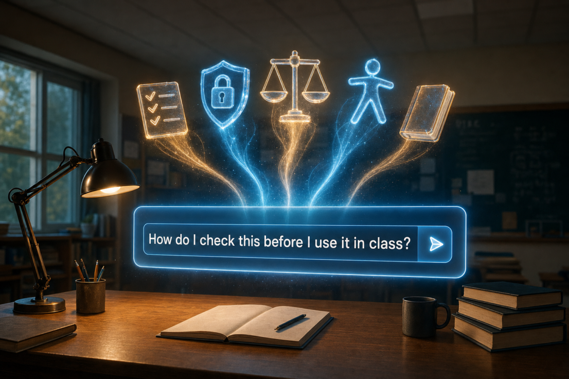 AI training for teachers: an AI prompt window asks how do I check this before I use it in class, with symbols for verification, privacy, bias, accessibility and assessment rising from it