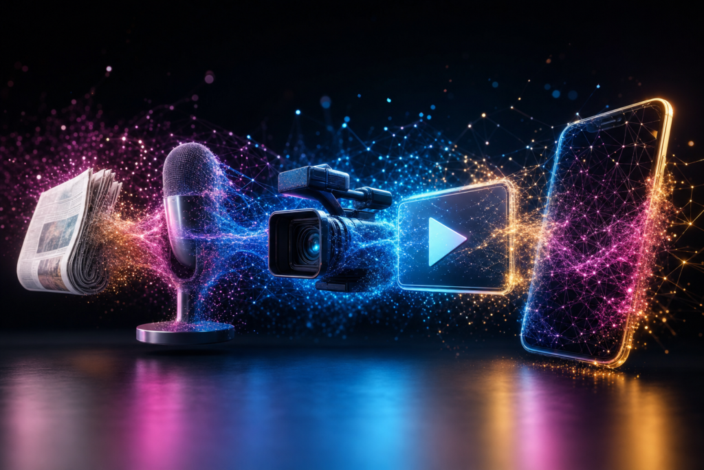Transforming student media with AI a newspaper microphone video camera play button and phone each dissolve into glowing particles that become the next