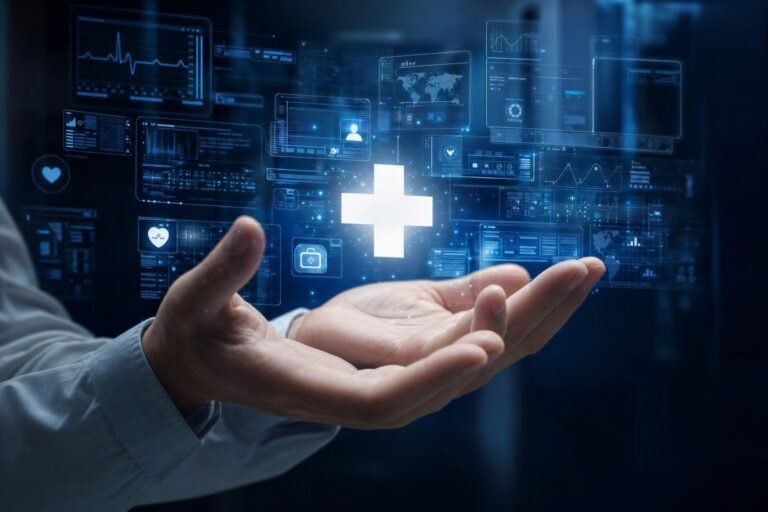 Two cupped hands beneath a glowing white medical cross icon floating among translucent blue digital screens