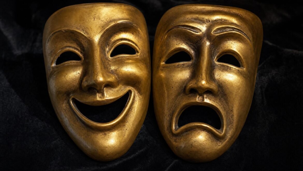 Two gold theater masks comedy and tragedy side by side on a dark background dramatic light