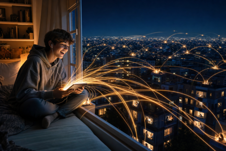 A teenager on a window seat at night collaborates on a tablet as glowing threads of light connect to other young people in lit windows across the city
