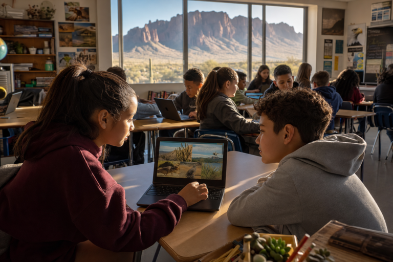 Arizona students on laptops exploring a desert science lesson, mountains outside the window