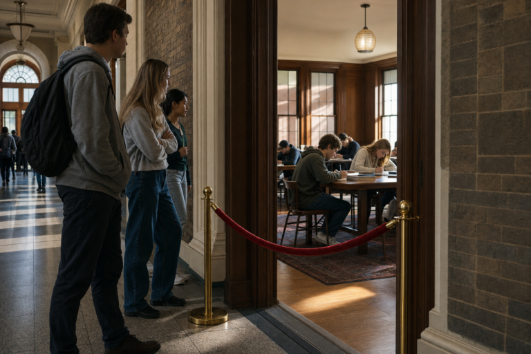 Velvet rope across a classroom door with students outside, are gifted programs elitist