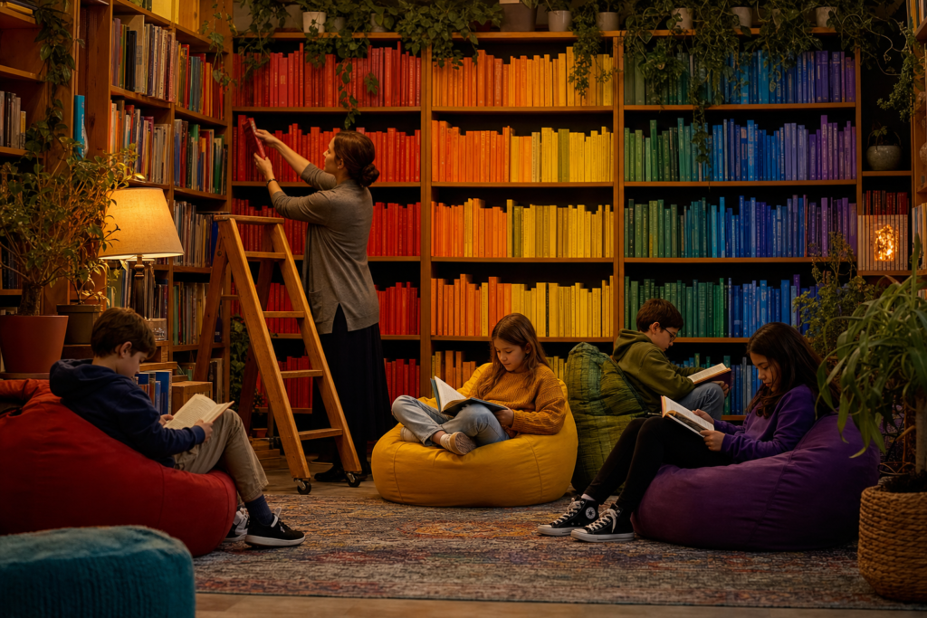The Artistry of Librarians in K12 Education | edCircuit School librarian arranging books into a rainbow display the artistry of librarians