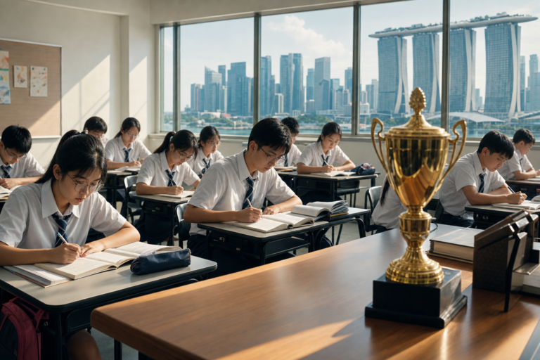 Students in uniforms in a Singapore classroom with a gold trophy, Asia tops school rankings