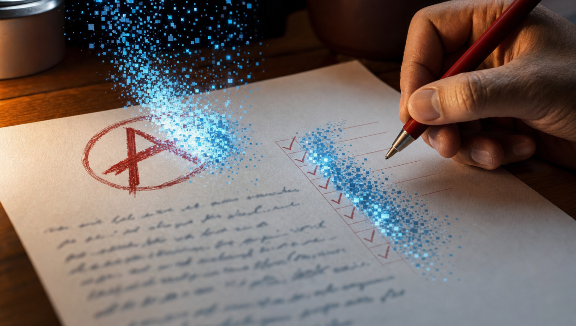 Assessment in the AI era a teachers red pen hovers over an essay as the circled A grade and rubric checkmarks break apart into blue AI pixels