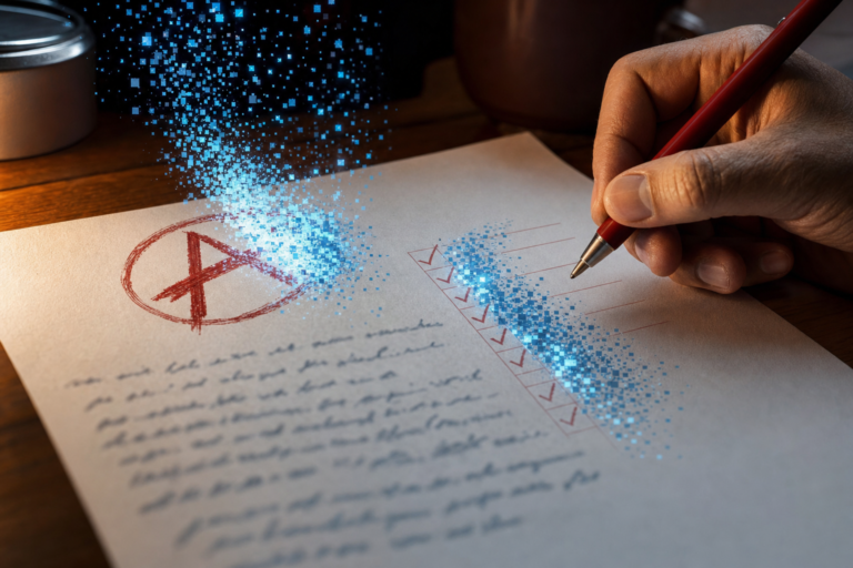 Assessment in the AI era: a teacher's red pen hovers over an essay as the circled A grade and rubric checkmarks break apart into blue AI pixels