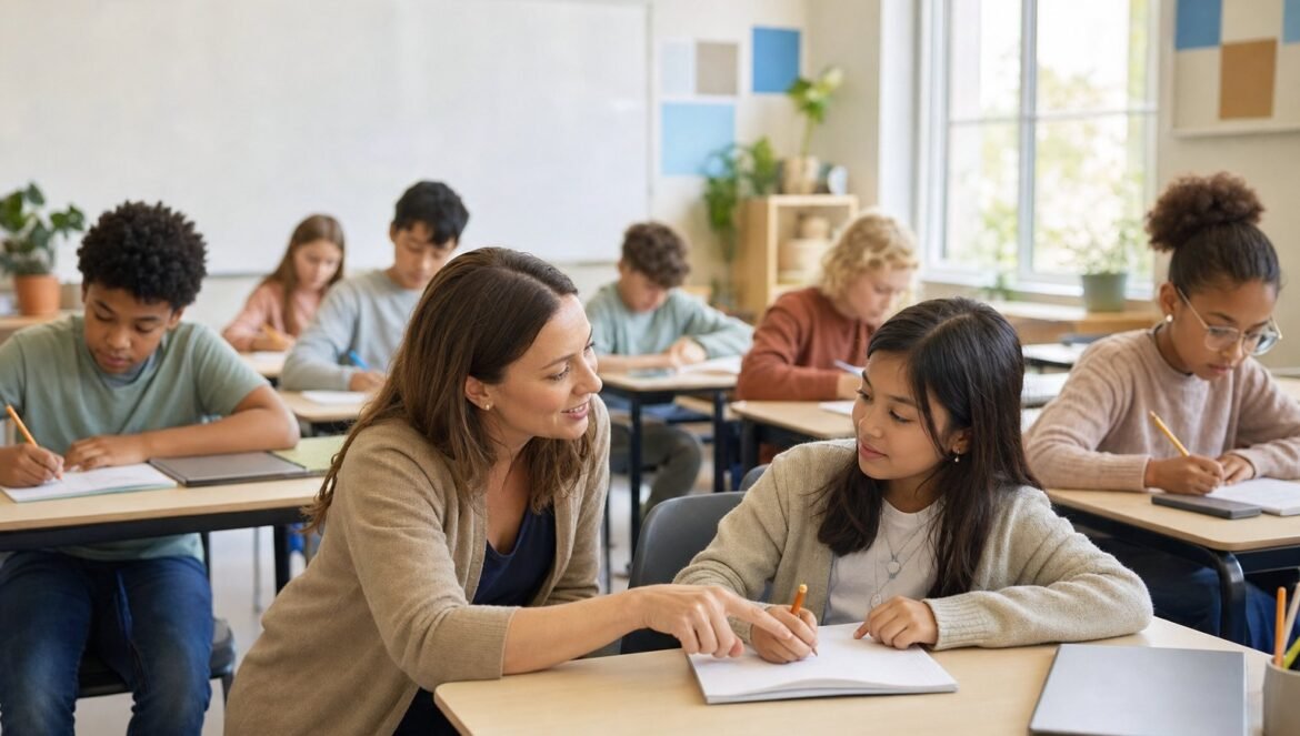 A teacher crouches beside a middle school students desk and gives feedback on her written work an example of formative assessment during a lesson