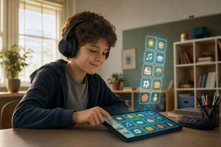 A student wearing noise-cancelling headphones calmly uses a picture-symbol communication app on a tablet as the symbols form a visual schedule above it