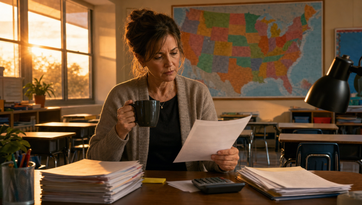 Average Teacher Salary by State 202526 | edCircuit Average teacher salary a teacher reviews her pay stub at dusk in an empty classroom beside a calculator and a US state map