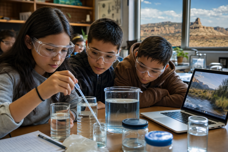 Students in goggles testing water samples in a New Mexico science classroom