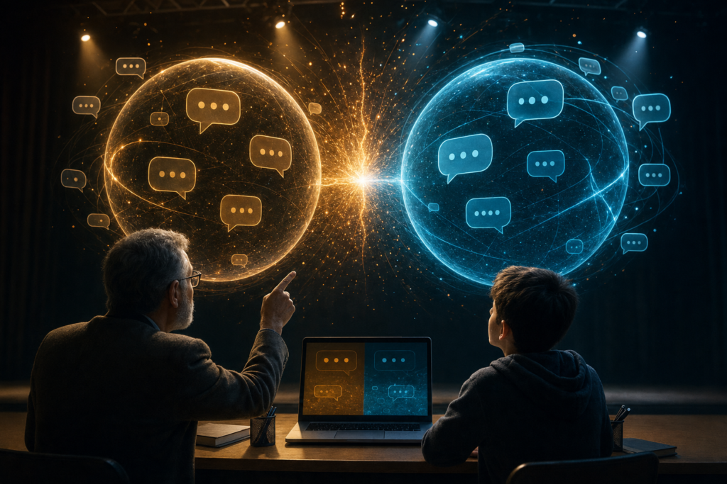 Google Bard Versus ChatGPT AI in Education | edCircuit Two rival AI chat assistants face off as glowing amber and teal orbs while a teacher and student compare them on a laptop