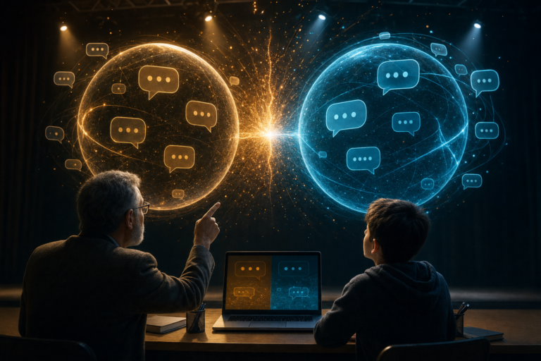 Two rival AI chat assistants face off as glowing amber and teal orbs while a teacher and student compare them on a laptop