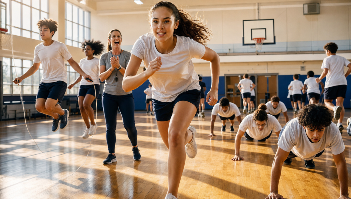 Physical Education and Student Health Why PE Matters | edCircuit Benefits of physical education a teenage girl sprints across a school gym as classmates jump rope and a PE teacher cheers