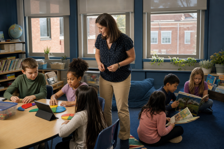 Students working on math with fraction pieces and reading together in a Connecticut classroom