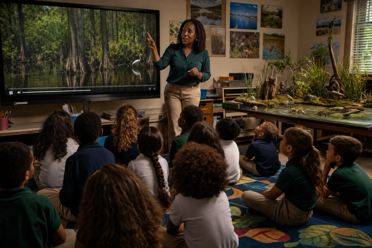 Louisiana students on a rug watching a wetland science video with their teacher