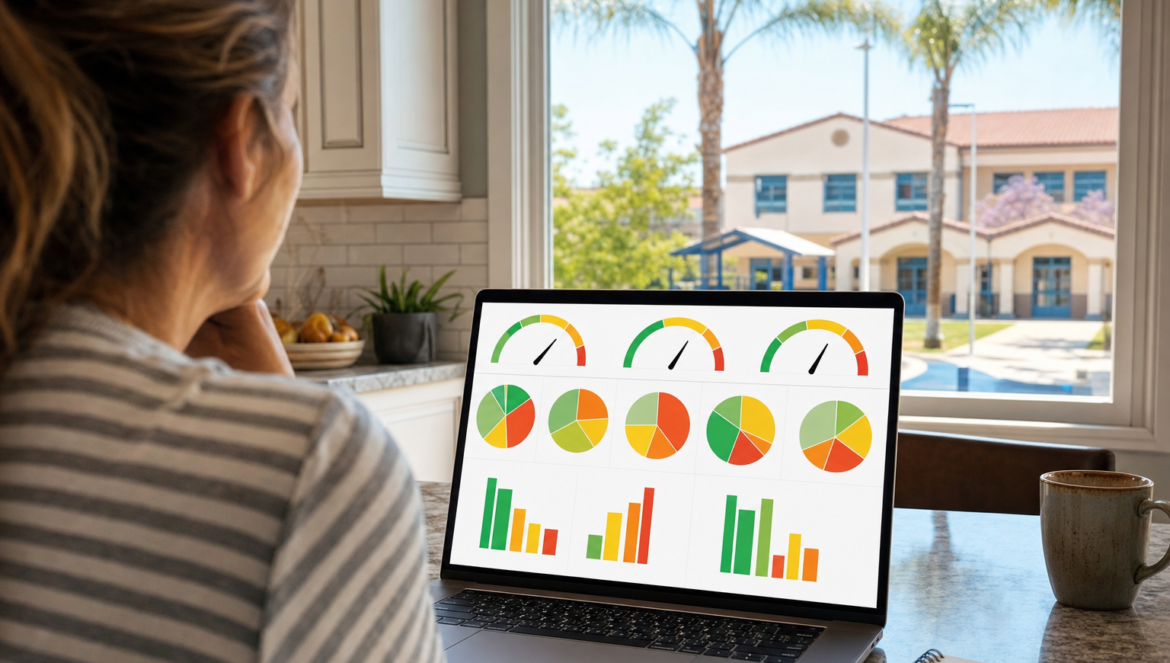 InformED Report Californias New School Dashboard | edCircuit California School Dashboard a parent studies colored gauges and charts of school performance on a laptop a California school outside