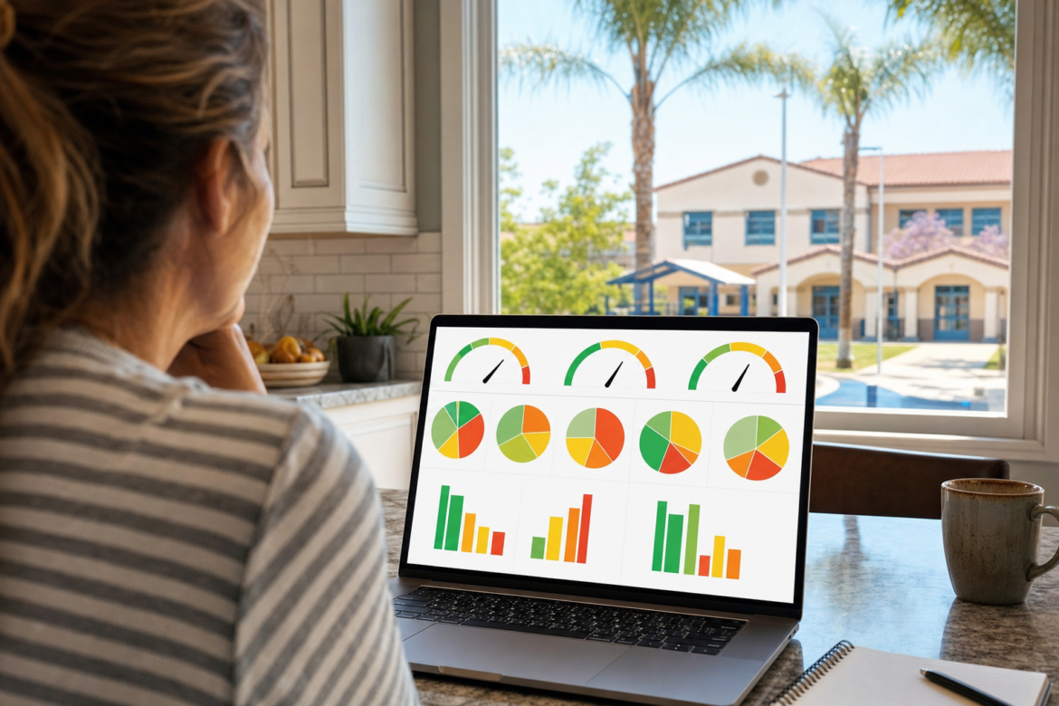 California School Dashboard: a parent studies colored gauges and charts of school performance on a laptop, a California school outside