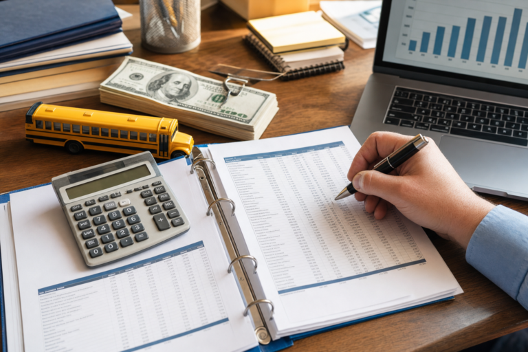 CARES Act K-12 funding: a district budget binder, calculator, dollar bills and a toy school bus on a finance office desk