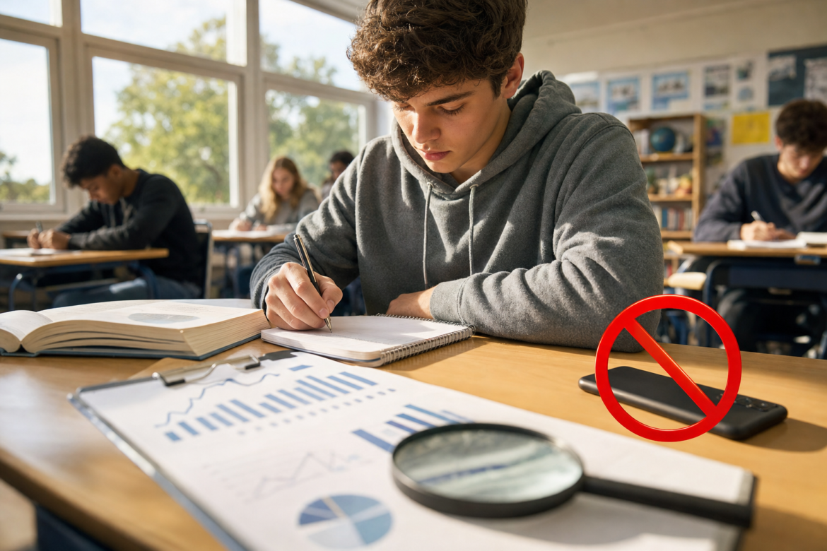 A student writes in a notebook while his phone lies set aside under a red no symbol beside research charts