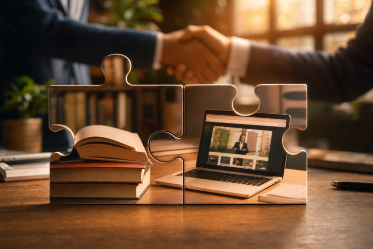 Textbook and laptop pieces slotting together, a publisher acquiring an online learning platform