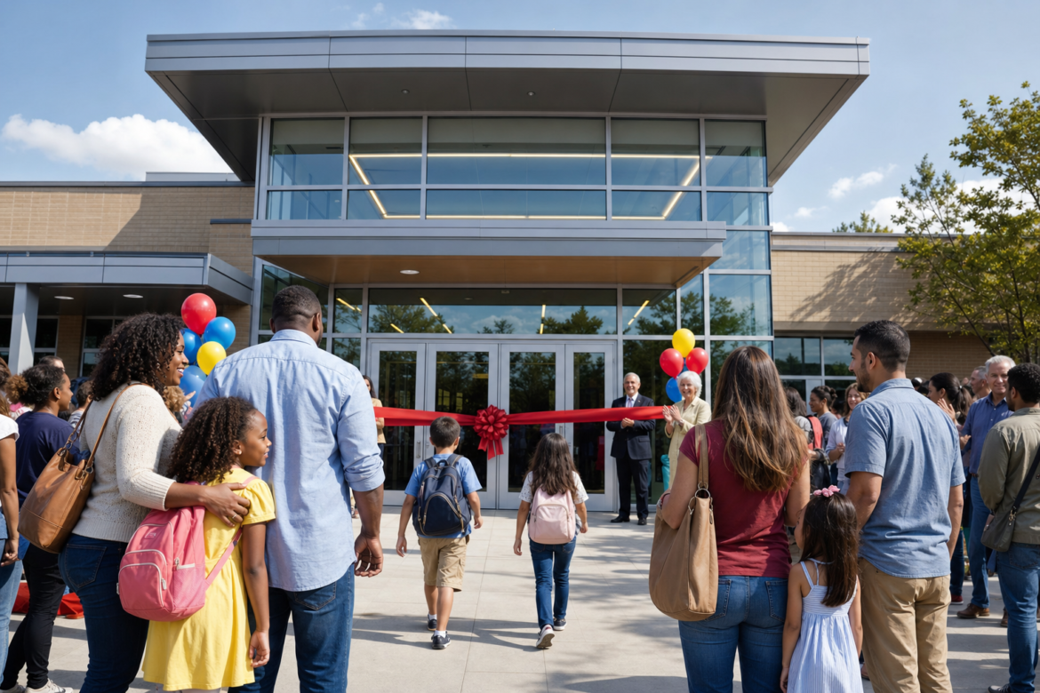 New charter school building with an opening ribbon, charter school funding