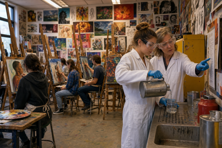 Chemical handling in art classrooms: in a busy art room a student in a lab coat, splash goggles and gloves pours paint thinner at a solvent station while the art teacher points to the safety sheet