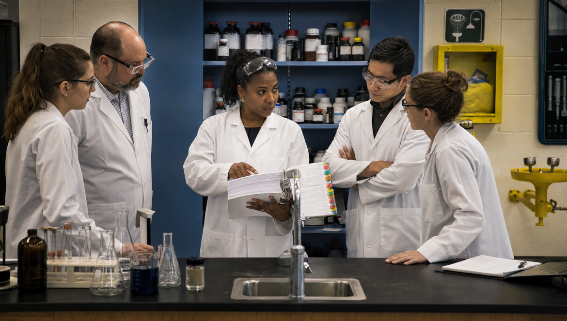 Enhancing Safety in Science Education The Essential Guide to Chemical Hygiene Plans | edCircuit Chemical hygiene plan in science education a chemical hygiene officer walks science teachers in lab coats through the tabbed plan binder beside an organized chemical storage cabinet and eyewash station