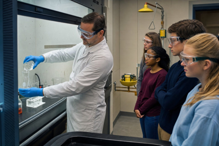 Science teacher in splash goggles and gloves pouring a chemical in a fume hood, chemical safety best practices