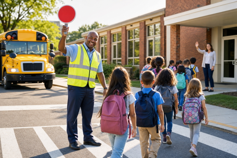 Child safeguarding at school: a crossing guard guides young students safely across the street to their school