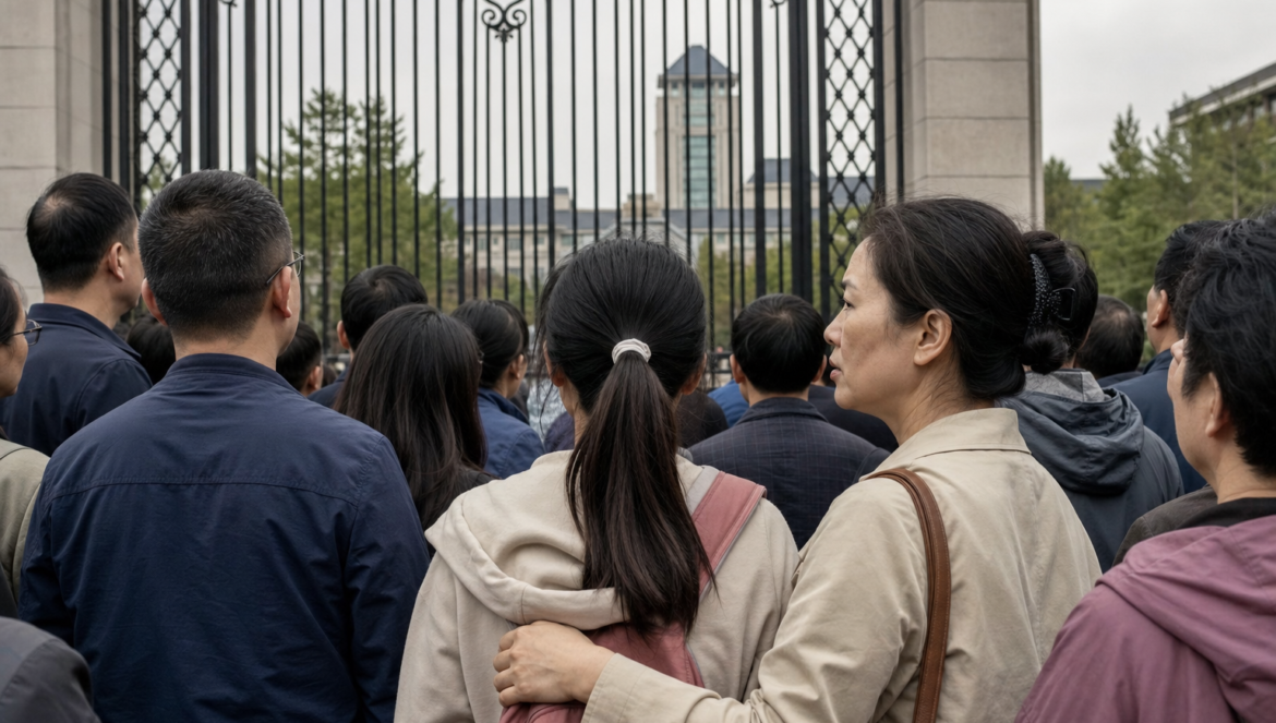 InformED Report Chinese Parents Protest University Quotas | edCircuit University admission quotas in China parents and a teenage daughter gather outside the closed gate of a university