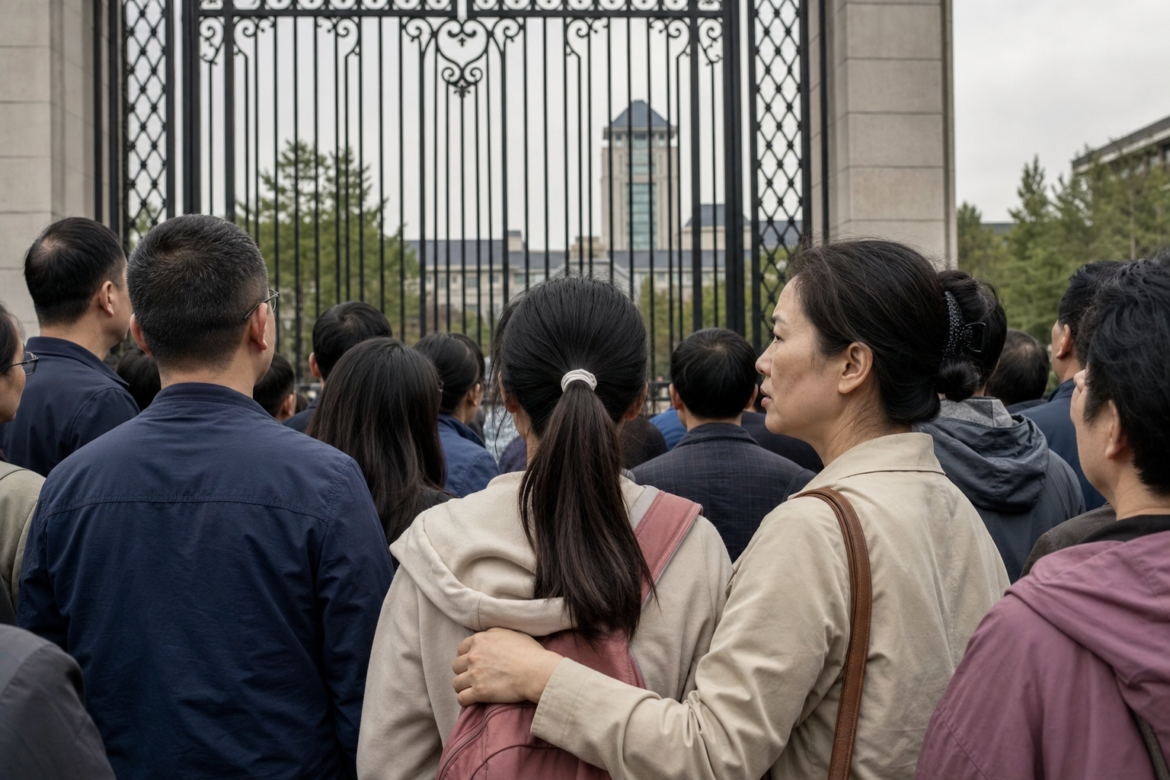 University admission quotas in China: parents and a teenage daughter gather outside the closed gate of a university