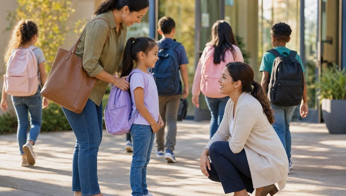 A school staff member kneels to greet a young student arriving at school with a parent, an example of the family welcome that helps reduce chronic absenteeism