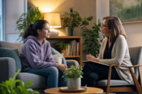 School counselor talking calmly with a student, support for trauma in the classroom